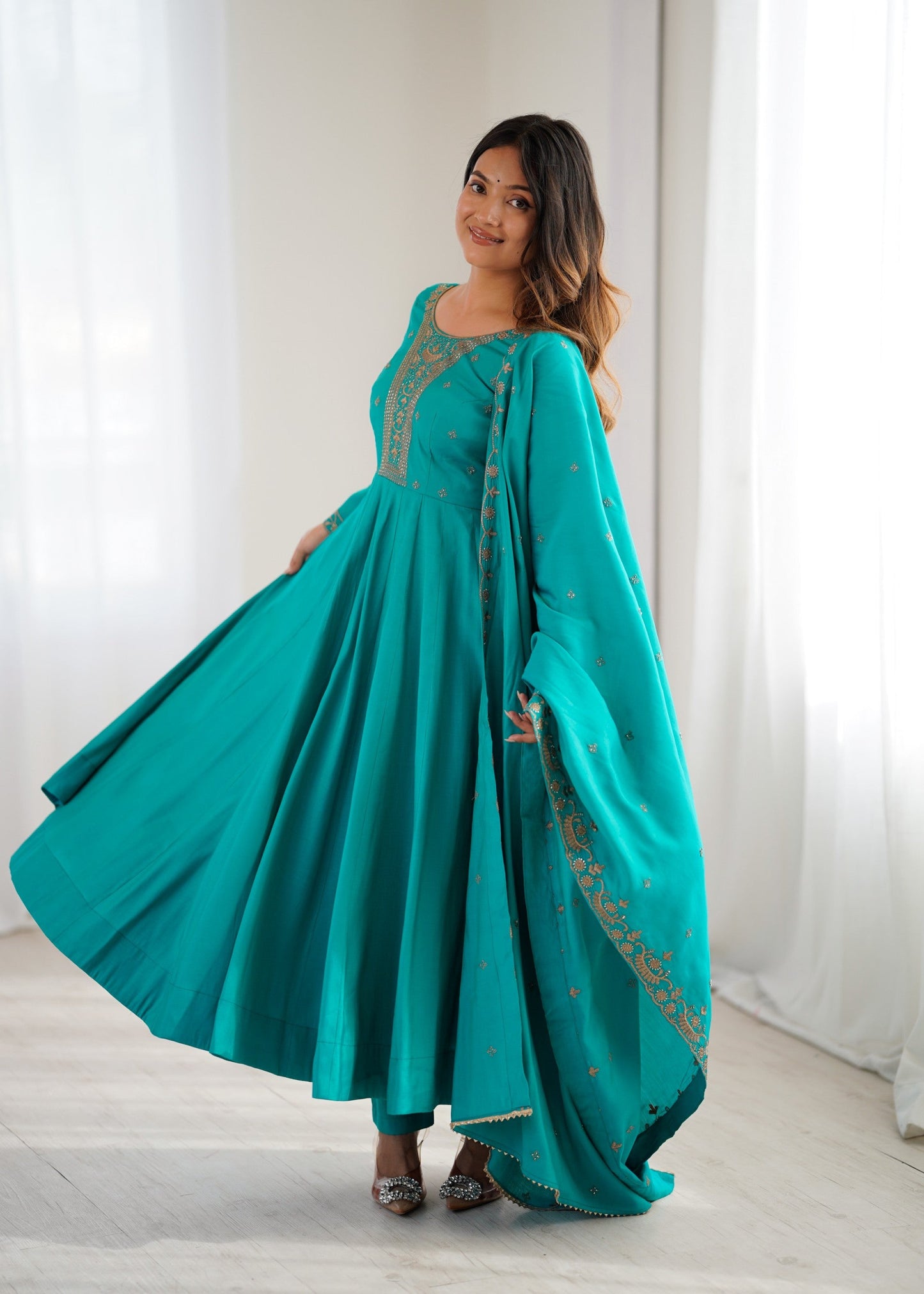 Lorenvalley Fashion Rama Roman Shimmer Silk Yoke Fancy Handwork Beads Work Anarkali Gown Pant With Dupatta Set - Swadesiicart