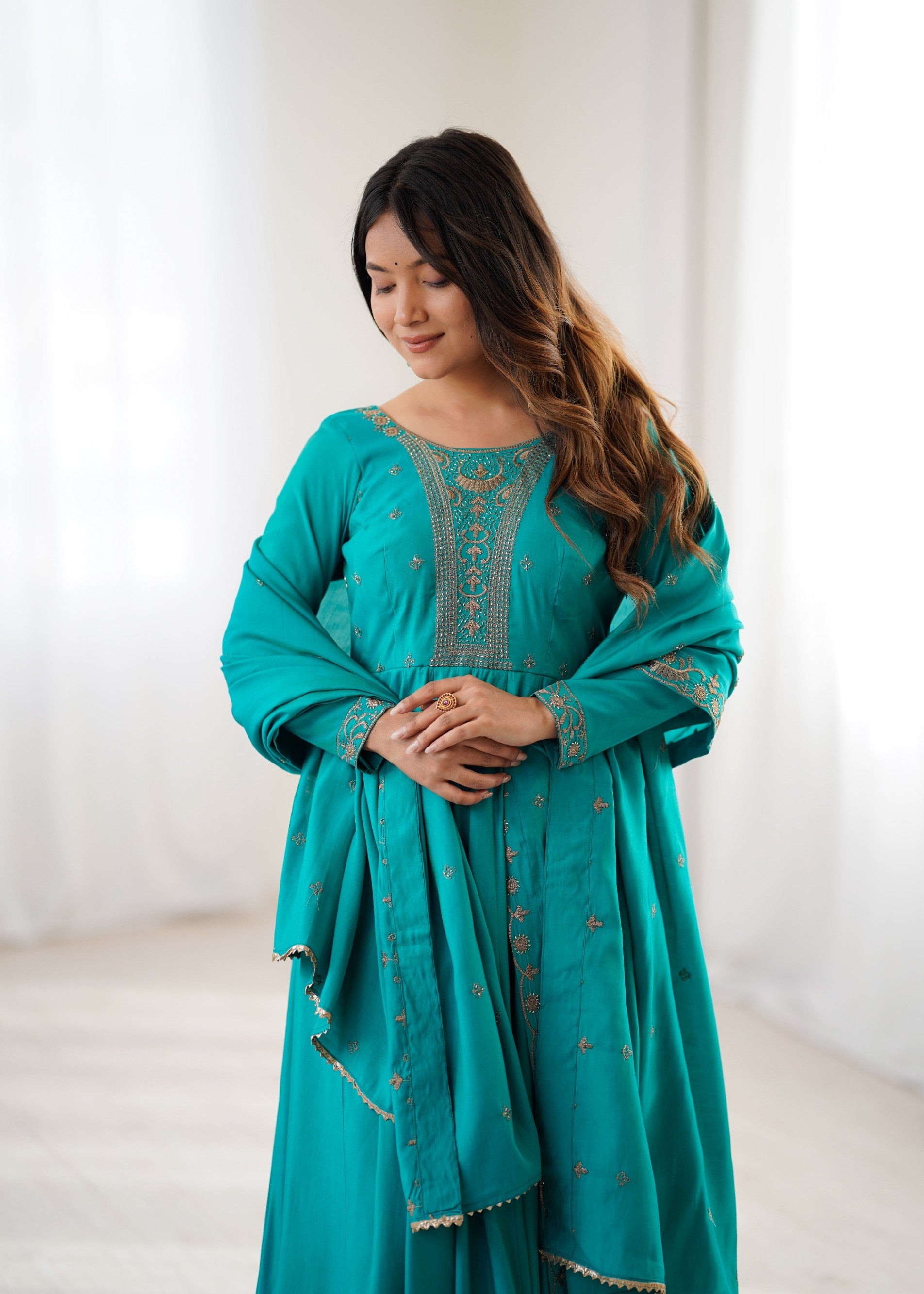 Lorenvalley Fashion Rama Roman Shimmer Silk Yoke Fancy Handwork Beads Work Anarkali Gown Pant With Dupatta Set - Swadesiicart