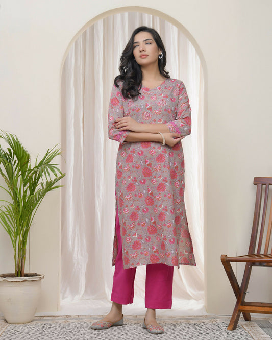Vaasva Women Charcoal Cotton Printed Straight Kurti With Pant | Swadesiicart