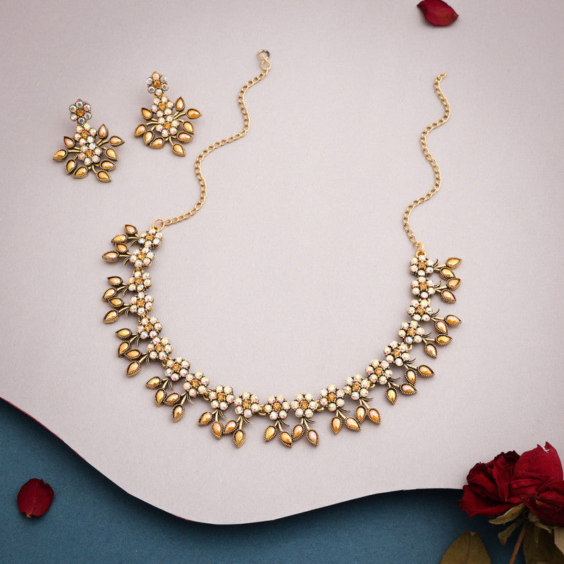 Tehzeeb Creations Gold-Polished Yellow Colour Choker With Dangle Earrings - Swadesiicart