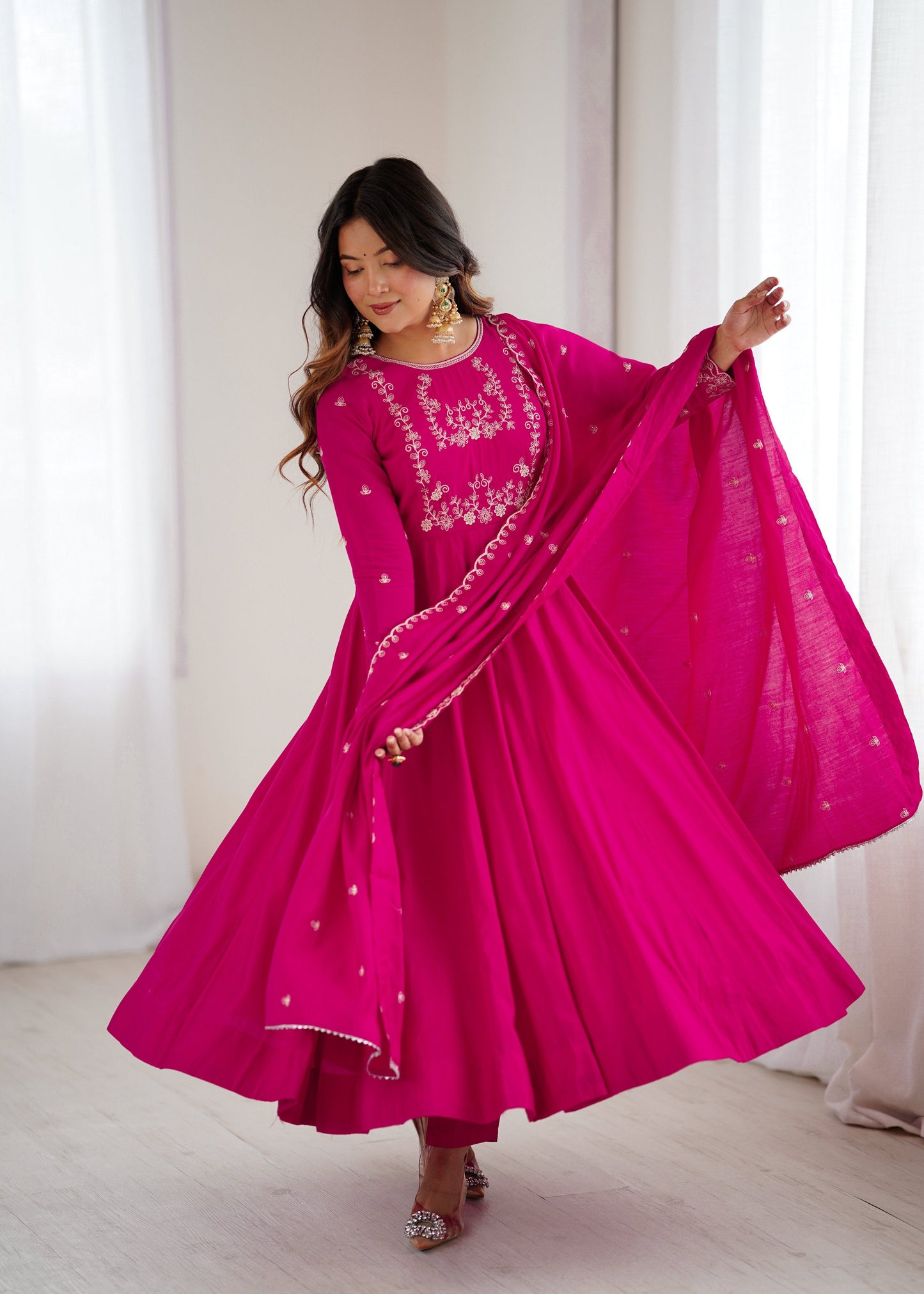 Lorenvalley Fashion Darkpink Pure Roman Chanderi Silk Yoke Fancy Handwork Beads Work Anarkali Gown Pant With Dupatta Set - Swadesiicart