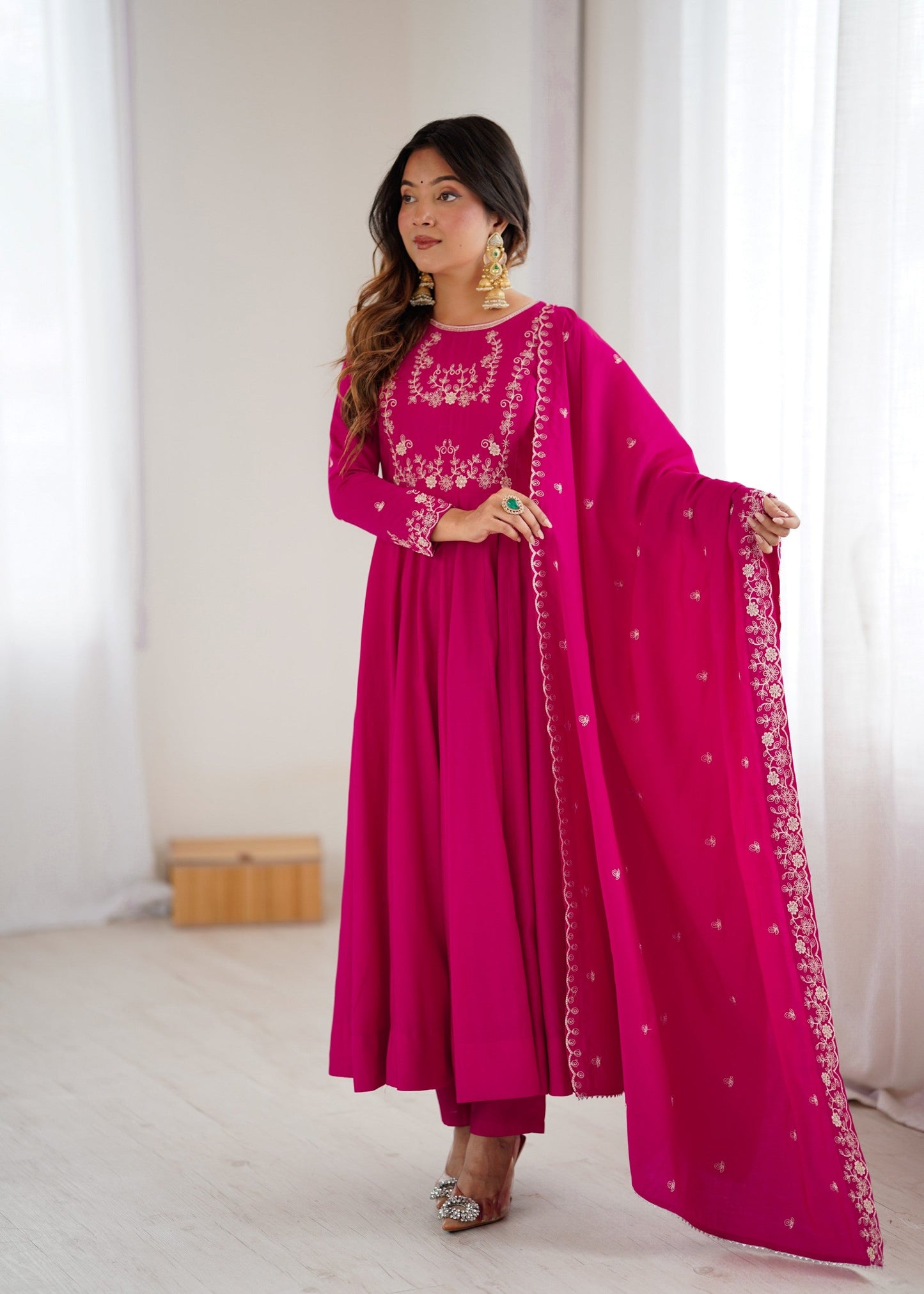 Lorenvalley Fashion Darkpink Pure Roman Chanderi Silk Yoke Fancy Handwork Beads Work Anarkali Gown Pant With Dupatta Set - Swadesiicart