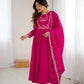 Lorenvalley Fashion Darkpink Pure Roman Chanderi Silk Yoke Fancy Handwork Beads Work Anarkali Gown Pant With Dupatta Set - Swadesiicart