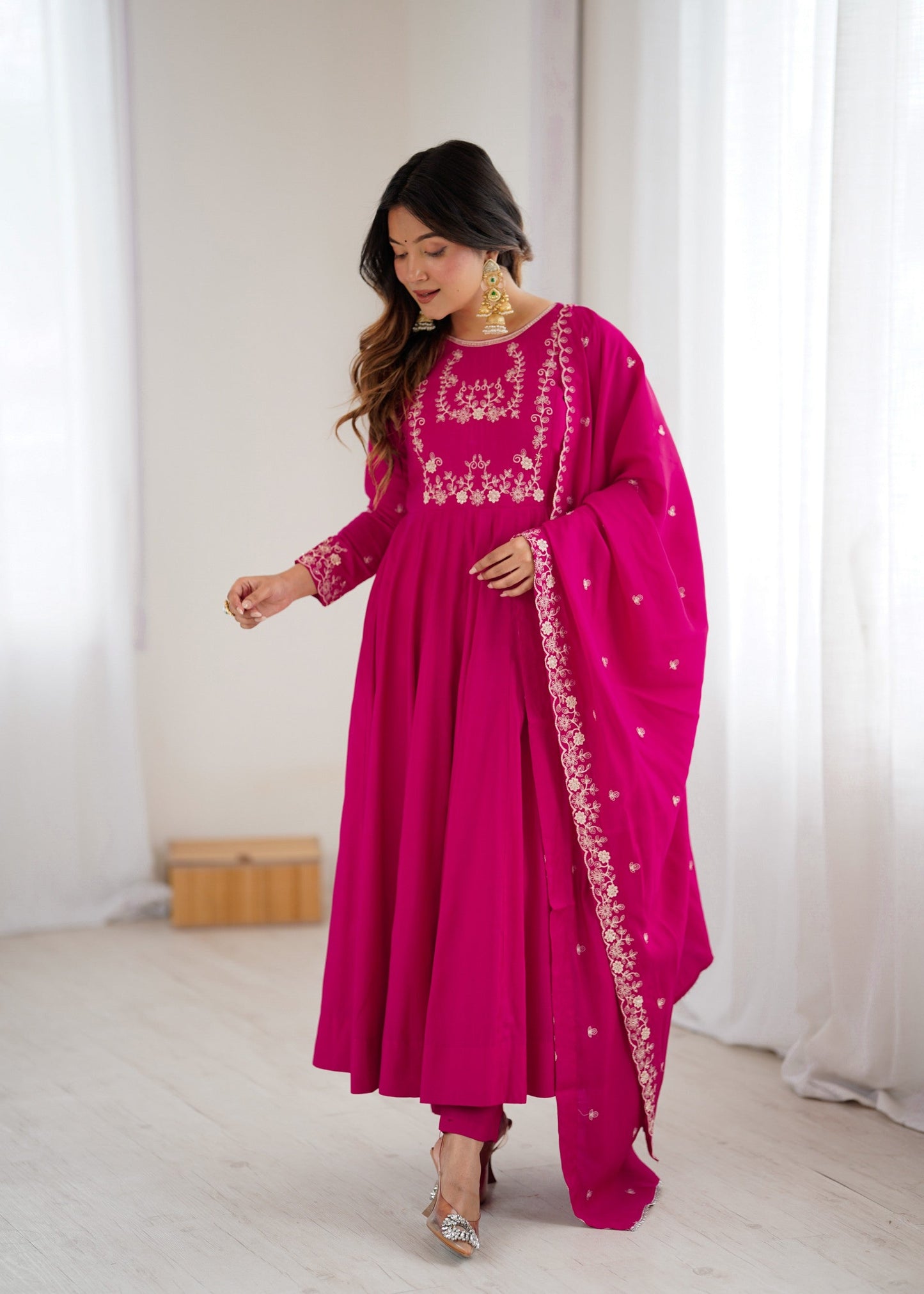 Lorenvalley Fashion Darkpink Pure Roman Chanderi Silk Yoke Fancy Handwork Beads Work Anarkali Gown Pant With Dupatta Set - Swadesiicart