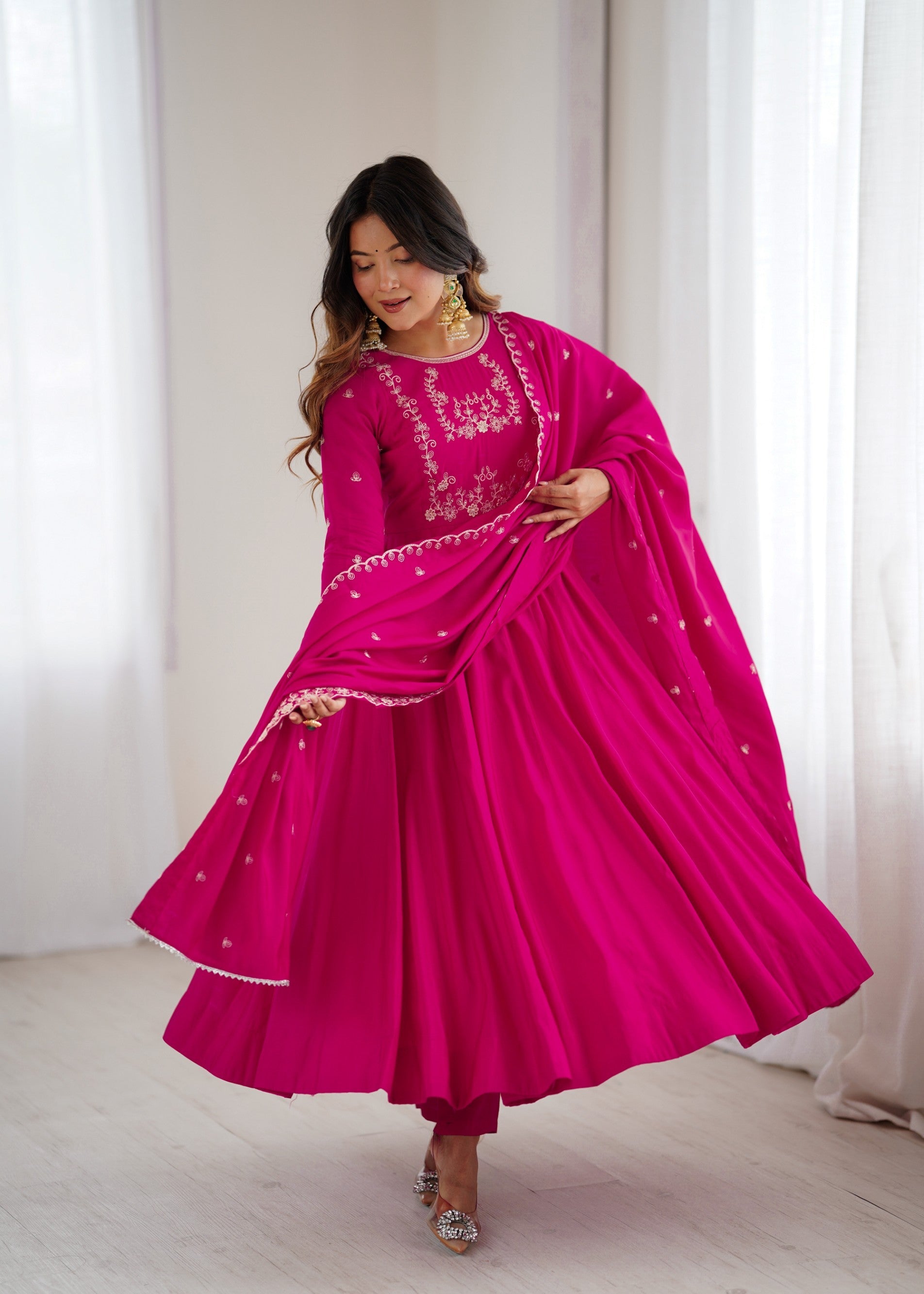Lorenvalley Fashion Darkpink Pure Roman Chanderi Silk Yoke Fancy Handwork Beads Work Anarkali Gown Pant With Dupatta Set - Swadesiicart