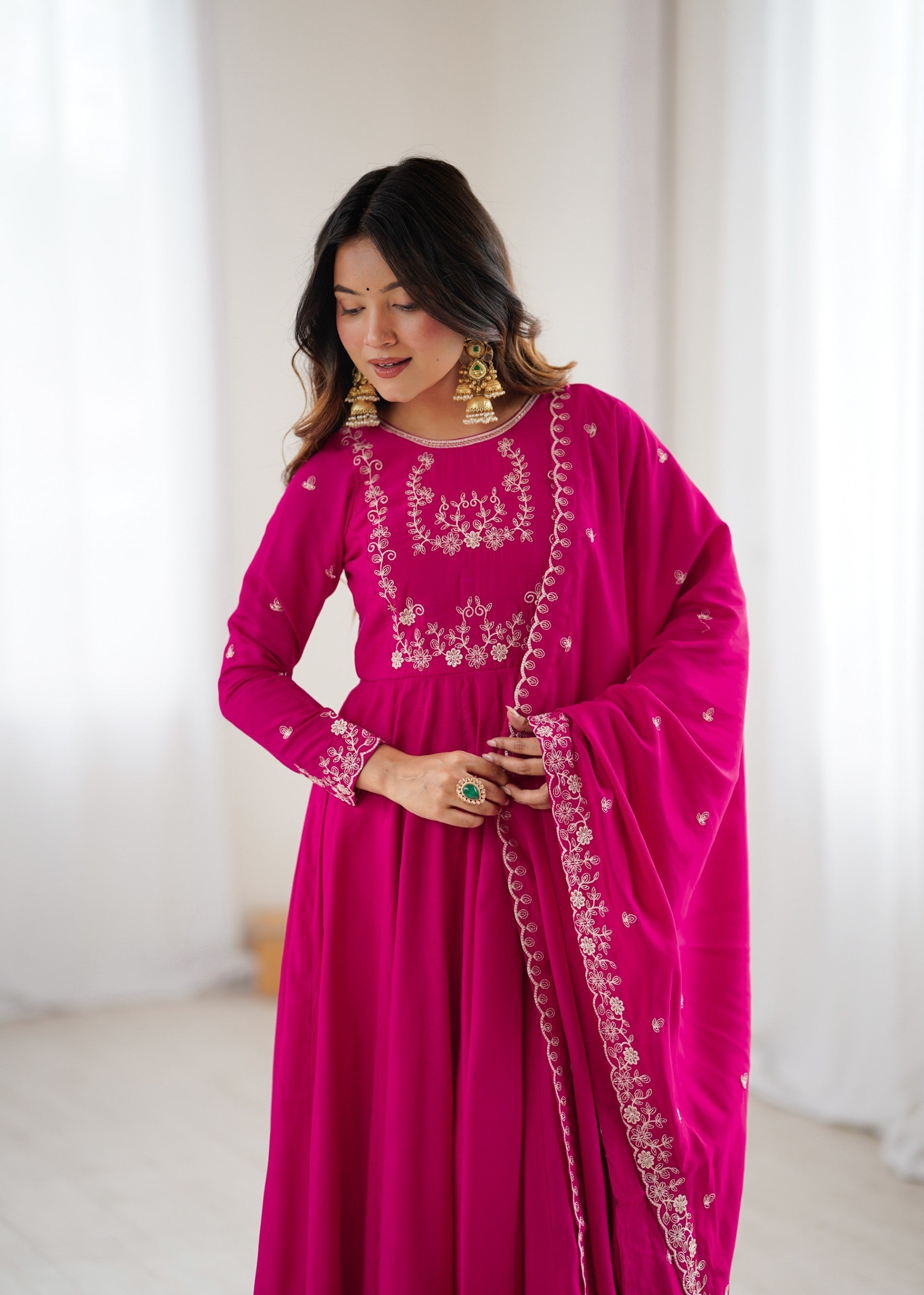 Lorenvalley Fashion Darkpink Pure Roman Chanderi Silk Yoke Fancy Handwork Beads Work Anarkali Gown Pant With Dupatta Set - Swadesiicart