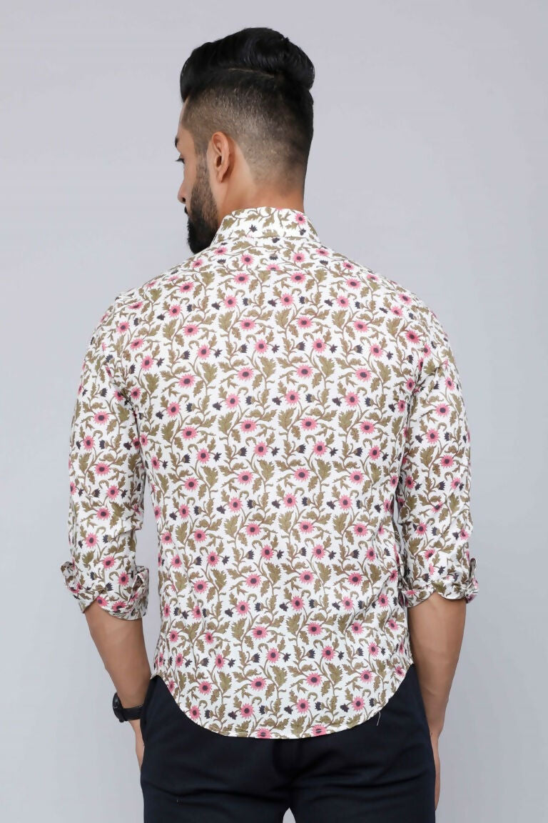 Miravan Men's Cotton Printed Full Sleeve Slim Fit Spread Neck White & Pink Colour Shirt | Swadesiicart