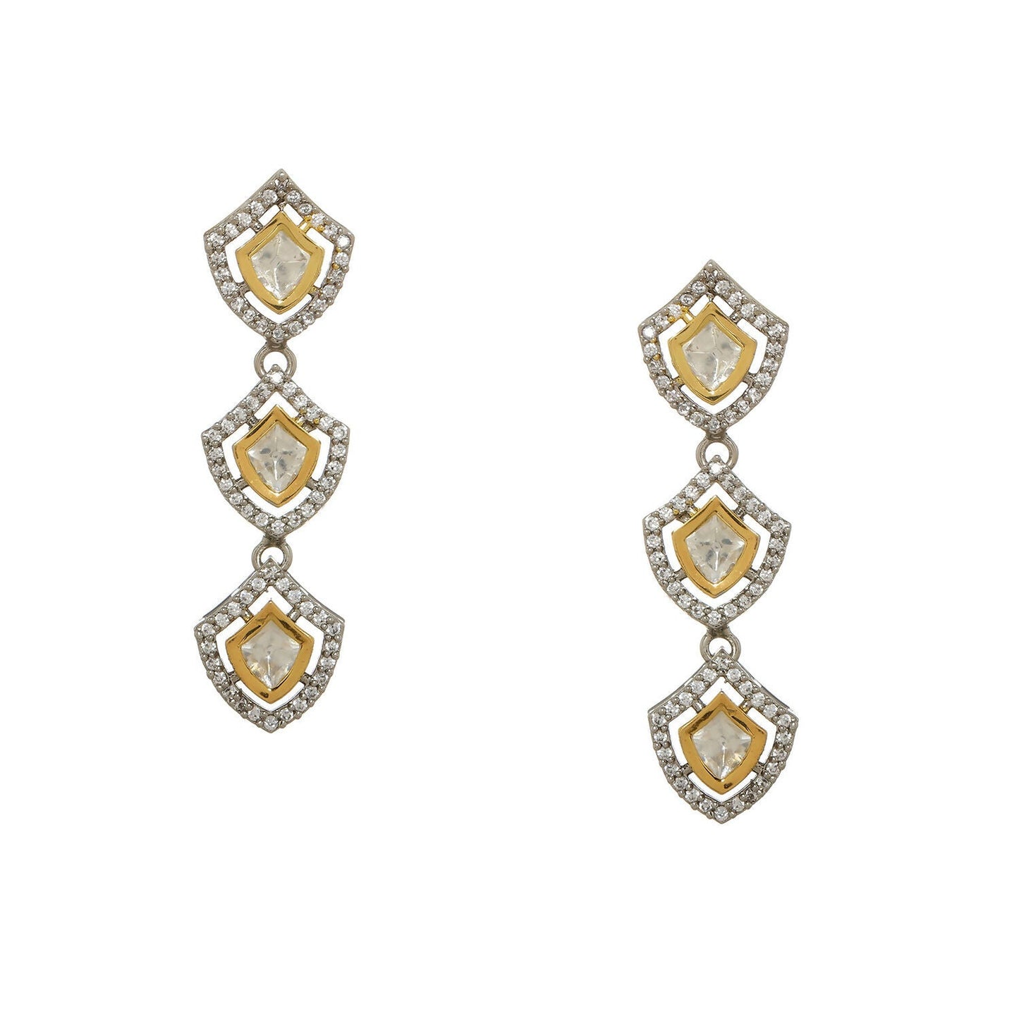 3 Tier Kundan and Diamond Earrings (Silver) - Ruby Raang - Swadesiicart