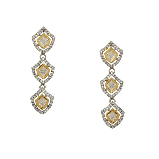 3 Tier Kundan and Diamond Earrings (Silver) - Ruby Raang - Swadesiicart