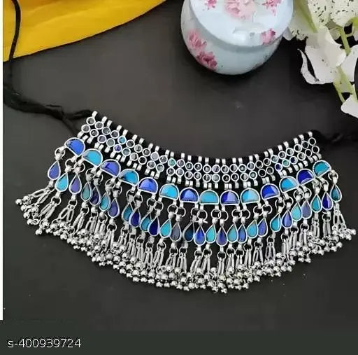 Tehzeeb Creations Women's Silver Colour Oxidised Necklace Set With Blue Colour Meenakari Work - Swadesiicart
