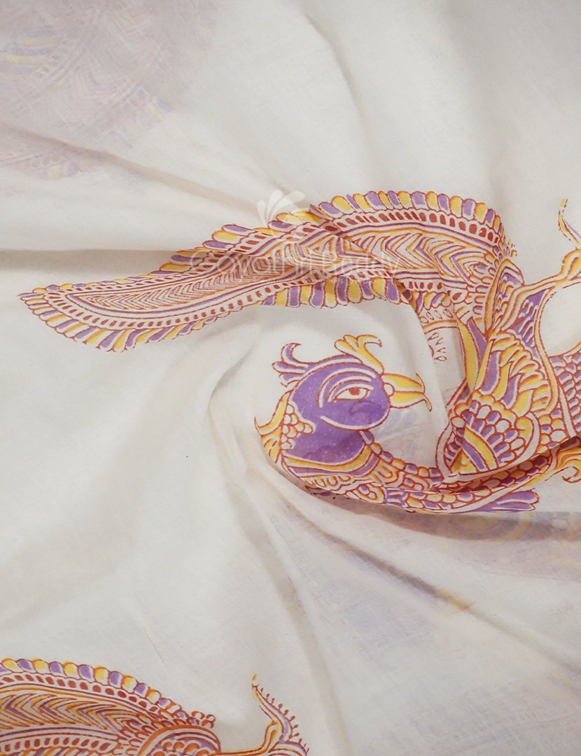 Cream Colour Block Print Crocia Mulmul Cotton Saree By Gayathri Reddy Designer Studio | Swadesiicart
