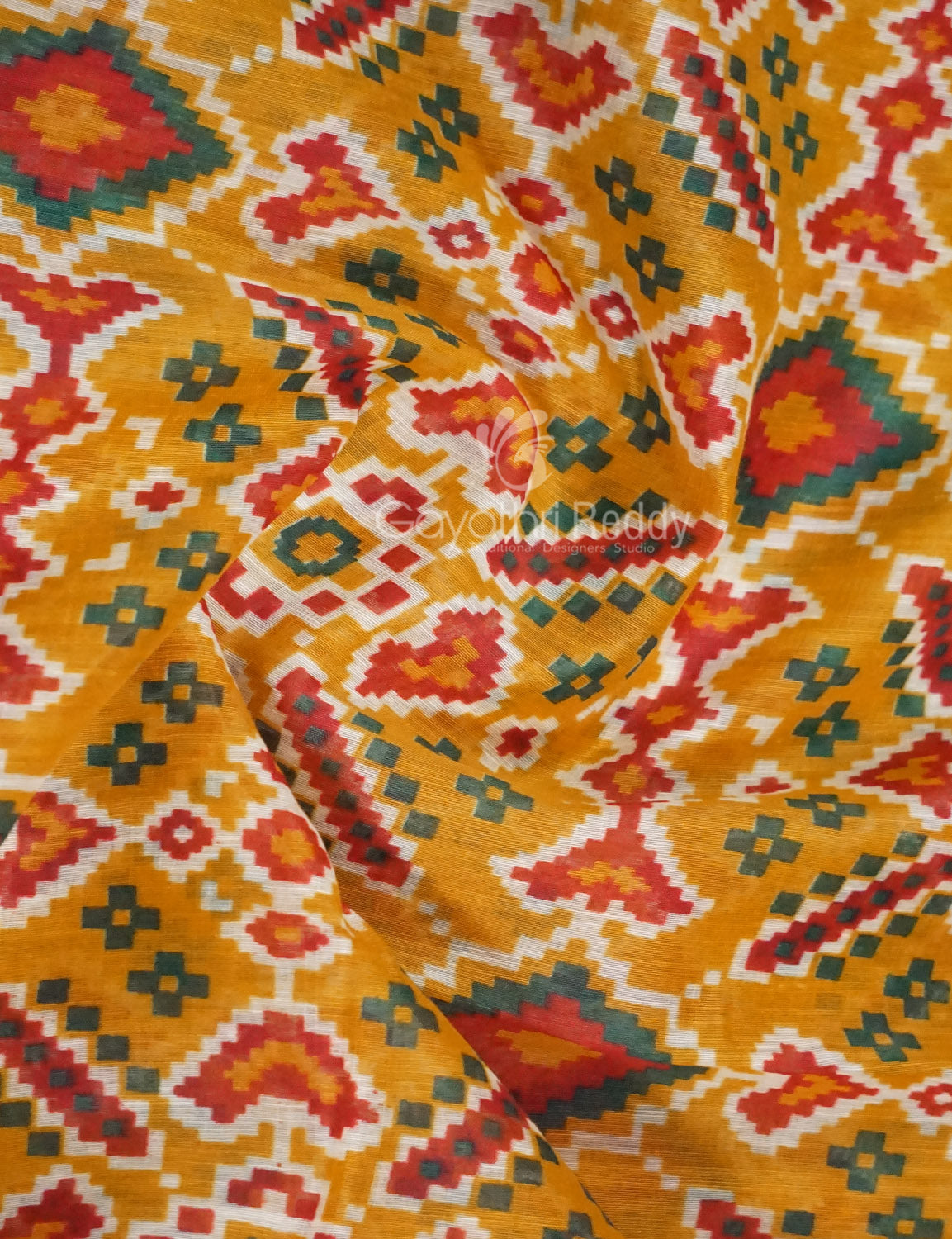 Shades of Mango Yellow Colour Patola Print Semi Chanderi Saree By Gayathri Reddy Designer Studio | Swadesiicart