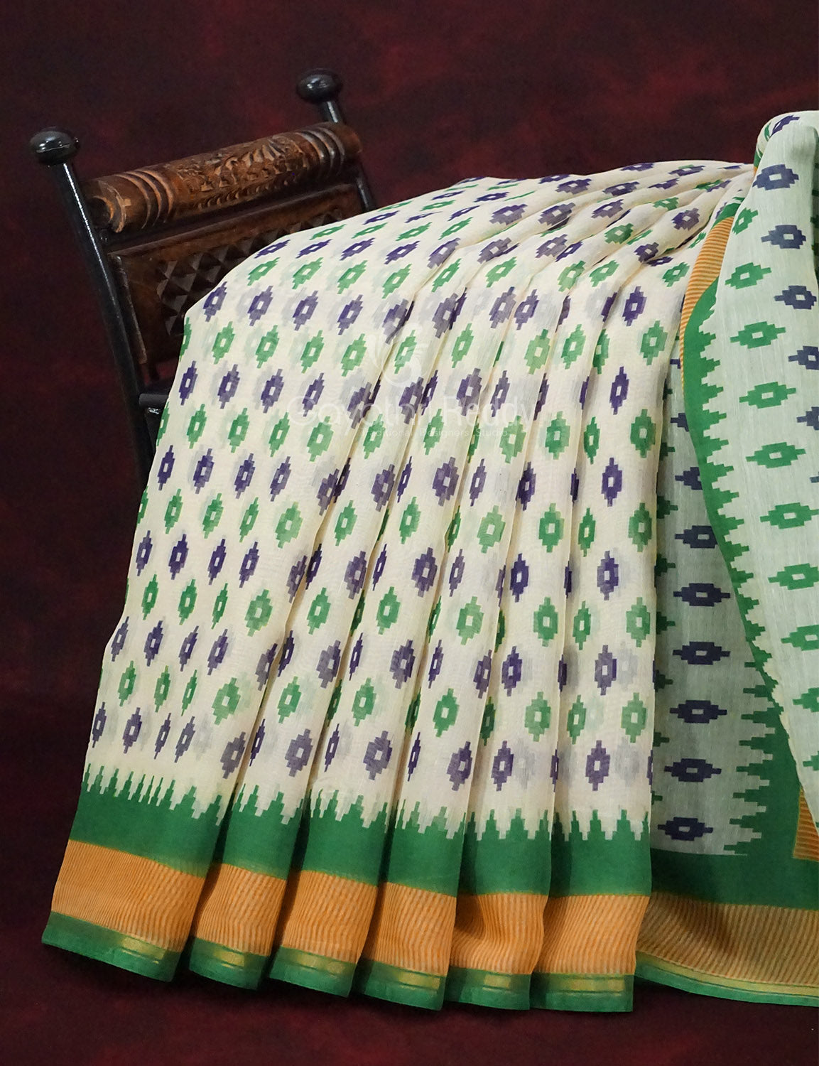 Combo of Off White and Mango Green Patan Patola Semi Chanderi Saree By Gayathri Reddy Designer Studio | Swadesiicart