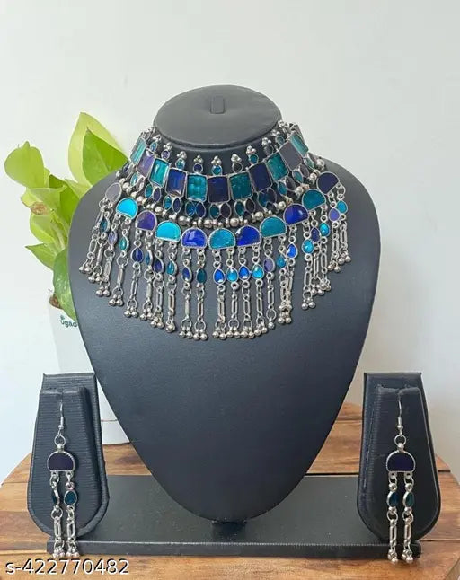 Tehzeeb Creations Women's Silver Colour Oxidised Necklace Set With Blue Colour Meenakari Work - Swadesiicart