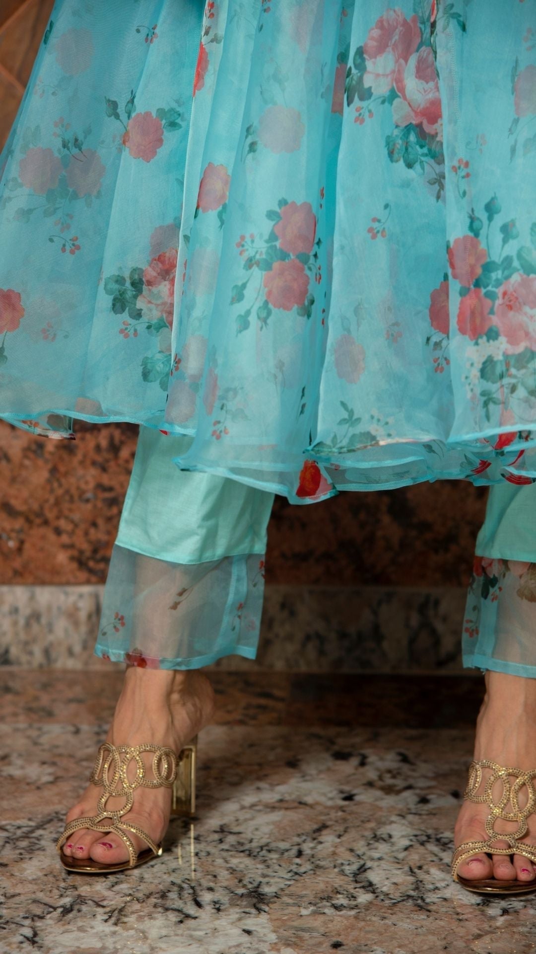 Pomcha Jaipur Blue And Red Floral Organza Anarkali Set | Swadesiicart