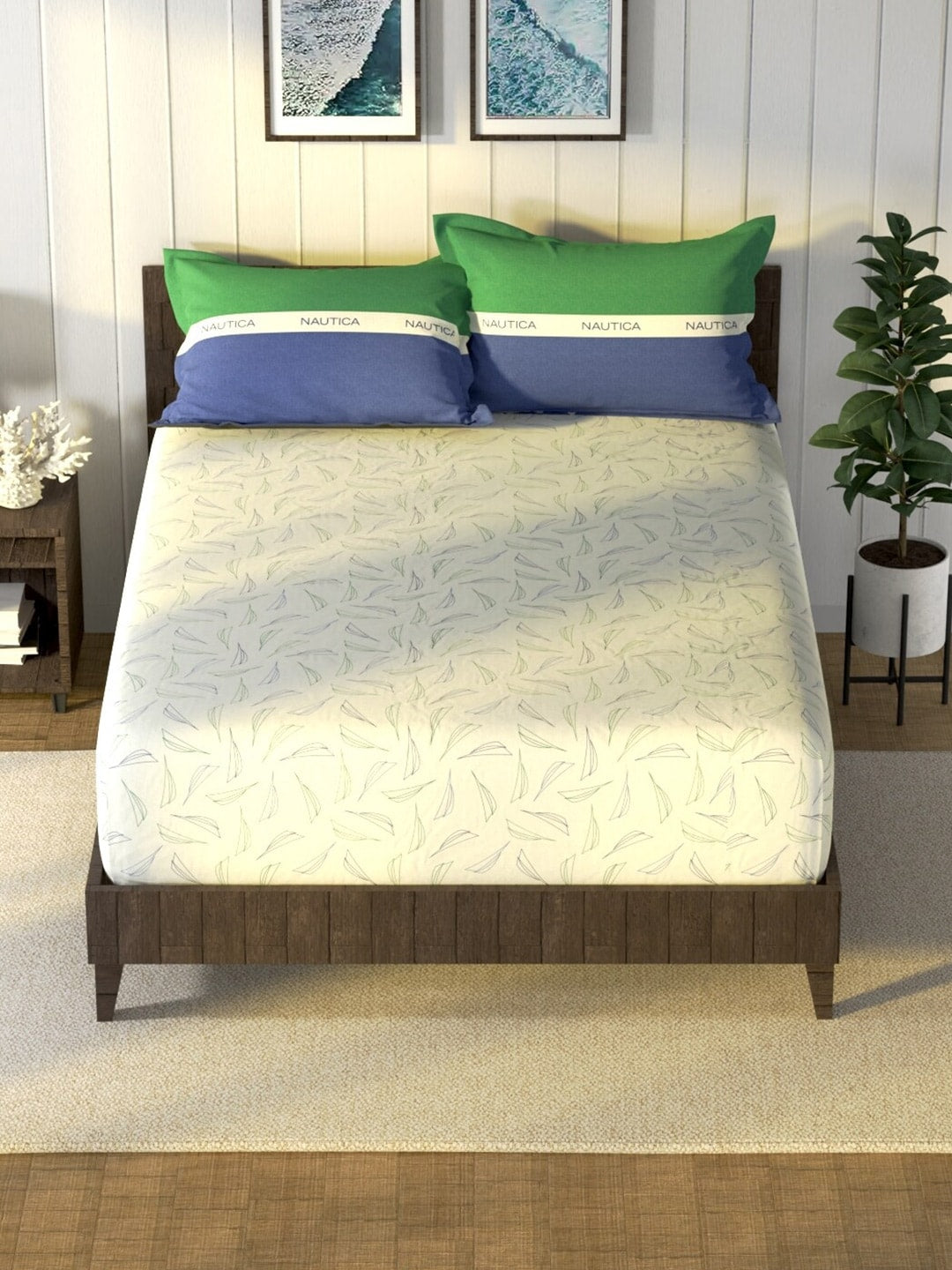 Nautica Noridge Green & Blue Floral Cotton 160 TC King Bedsheet With 2 Pillow Covers - Swadesiicart