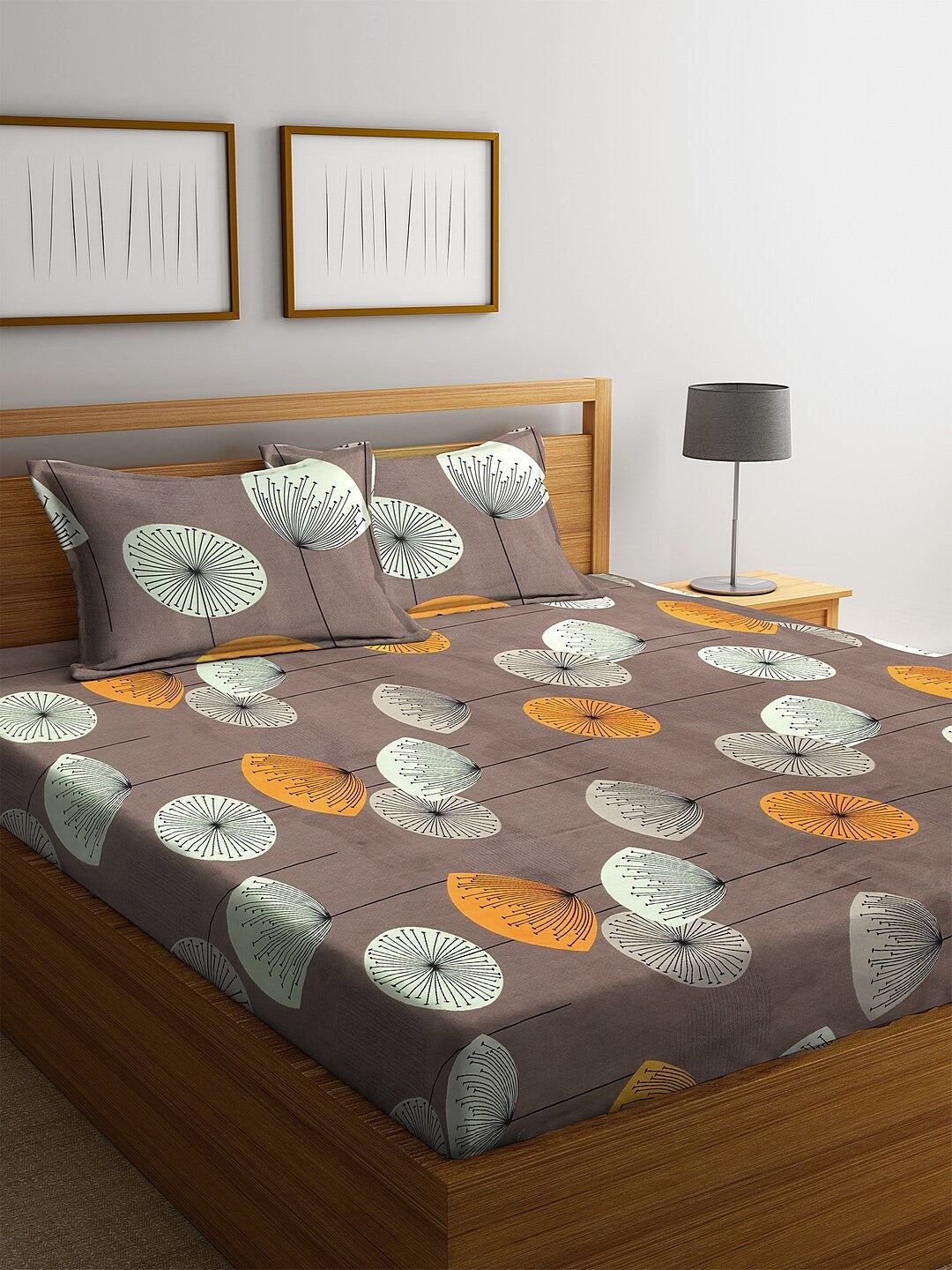 KLOTTHE Brown & Yellow Floral 210 TC Cotton Bedsheet with Pillow Cover - Swadesiicart