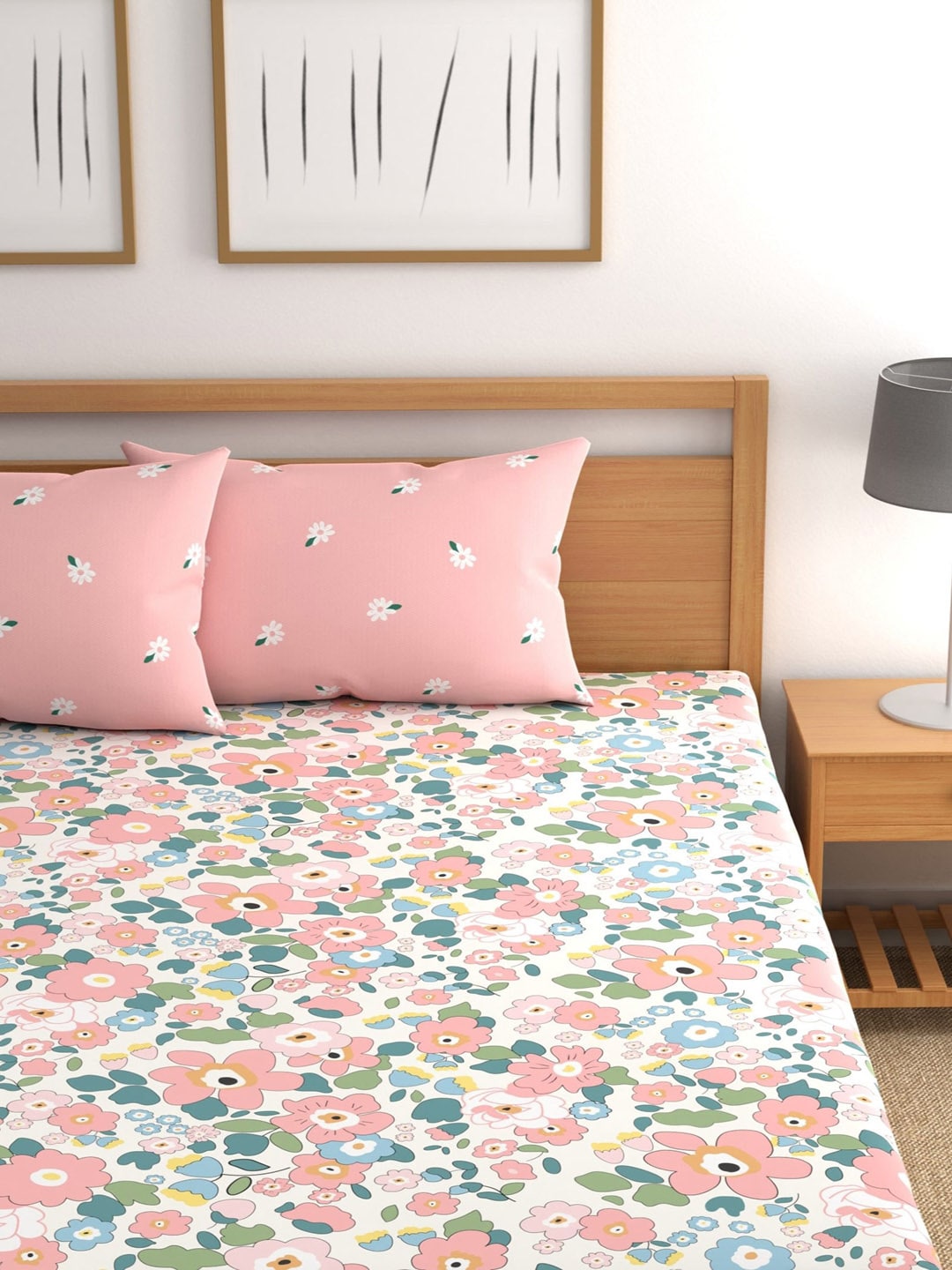 CHHAVI INDIA Pink & Blue Floral 210 TC Bedsheet with Pillow Covers - Swadesiicart