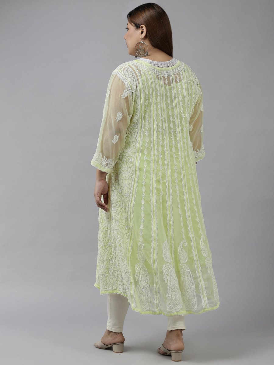 ADA Women Lime Green & White Ethnic Motifs Plus Size Chikankari Georgette Anarkali Kurta | Swadesiicart