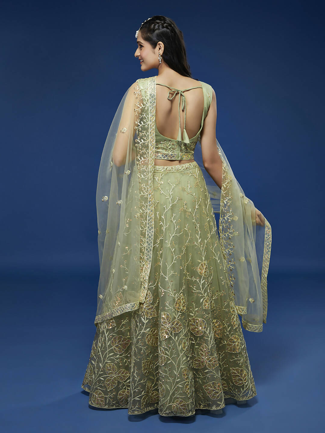House of Panchhi Pista Net Sequinse Work Lehenga & Blouse, Dupatta | Swadesiicart