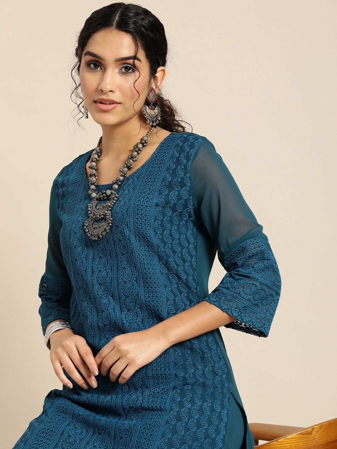 Sangria Women Teal Blue Ethnic Motifs Chikankari Kurta with Palazzos | Swadesiicart