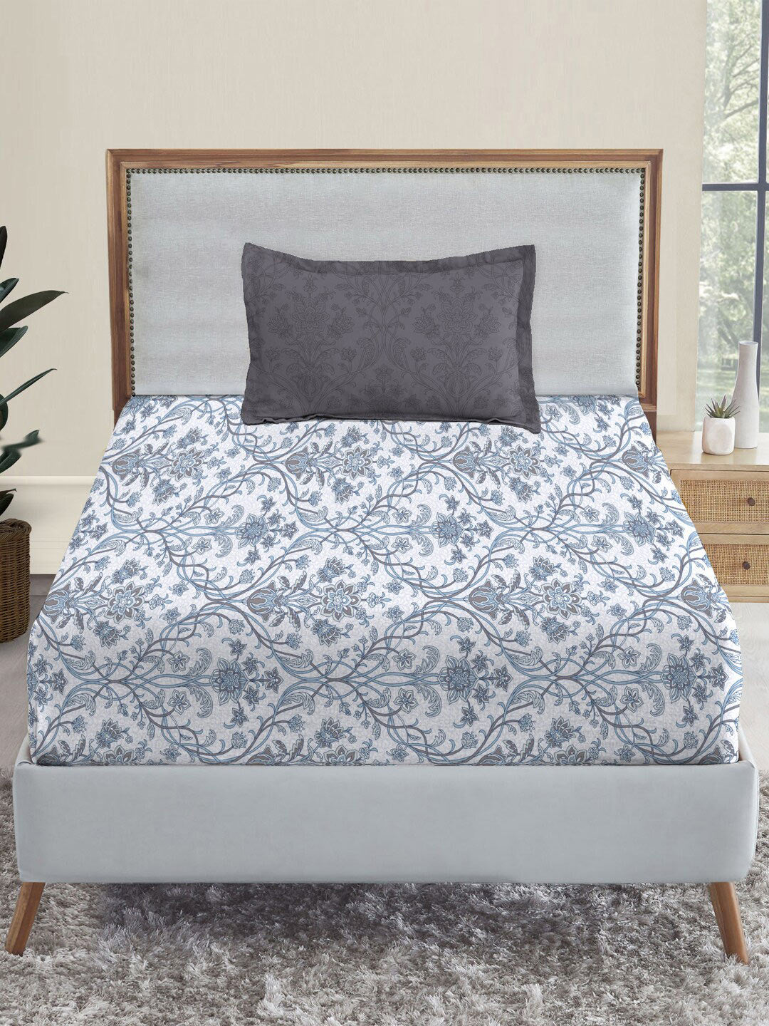 MYTRIDENT Dusk and Dawn White Ethnic Motifs Pure Cotton 144TC Single Bedsheet Pillow Cover - Swadesiicart