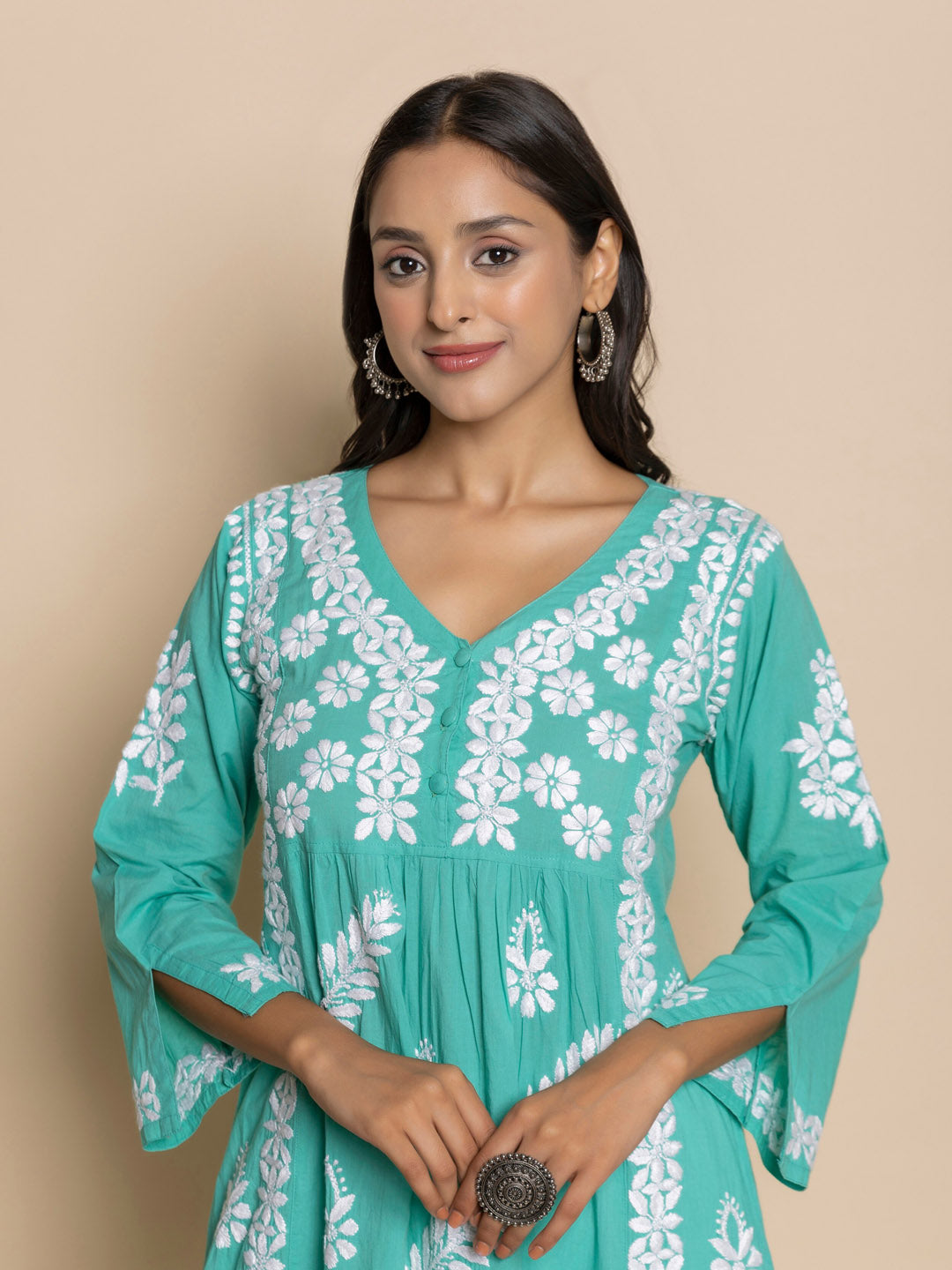 HOUSE OF KARI Floral Embroidered Chikankari Cotton A-Line Kurta | Swadesiicart