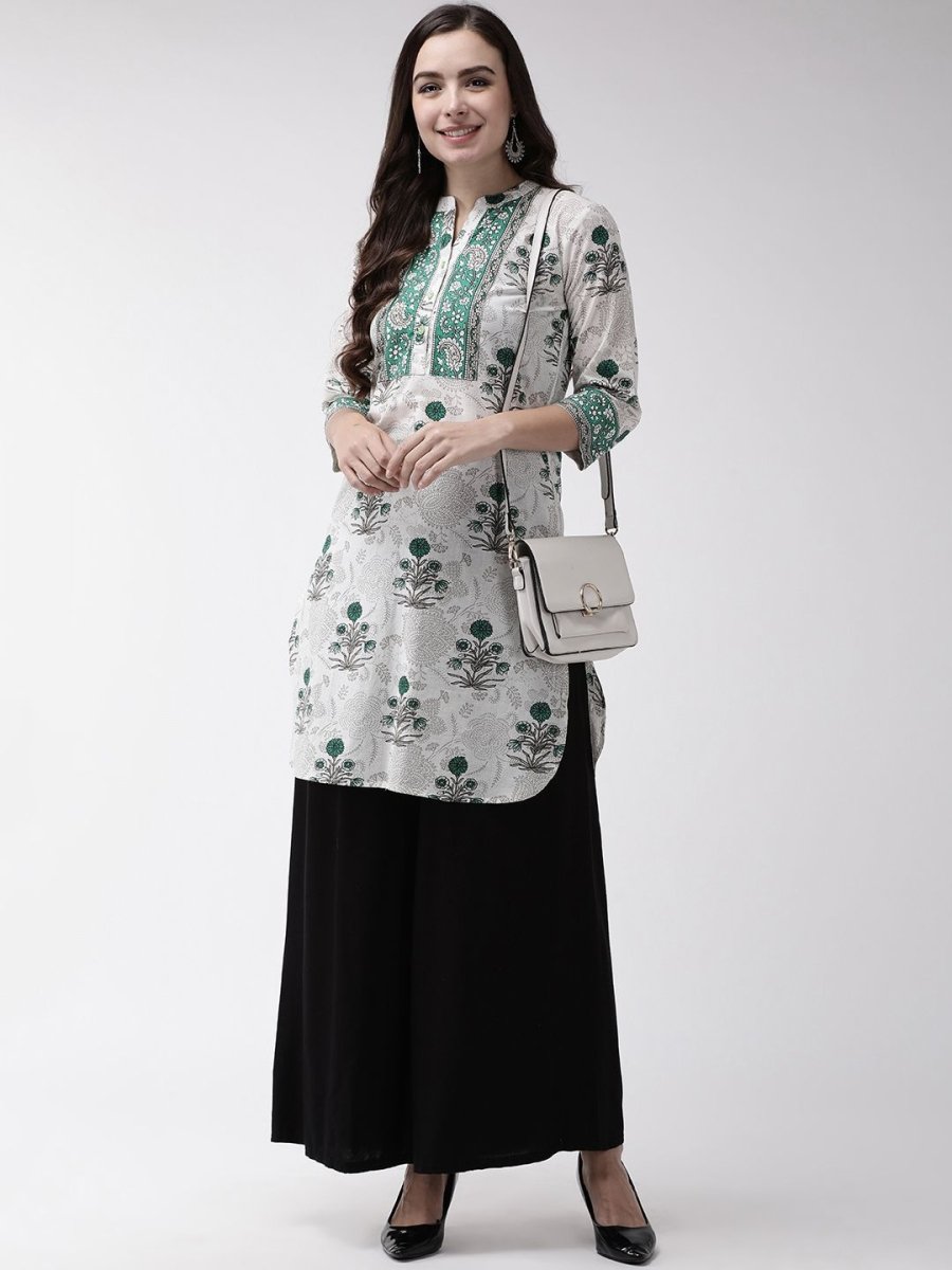 Anouk Off White Ethnic Motifs Printed Mandarin Collar Cotton Straight Kurta - Swadesiicart
