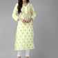 ADA Women Yellow & Green Embroidered Chikankari Handloom Kurta Handloom Kurta with Trousers | Swadesiicart
