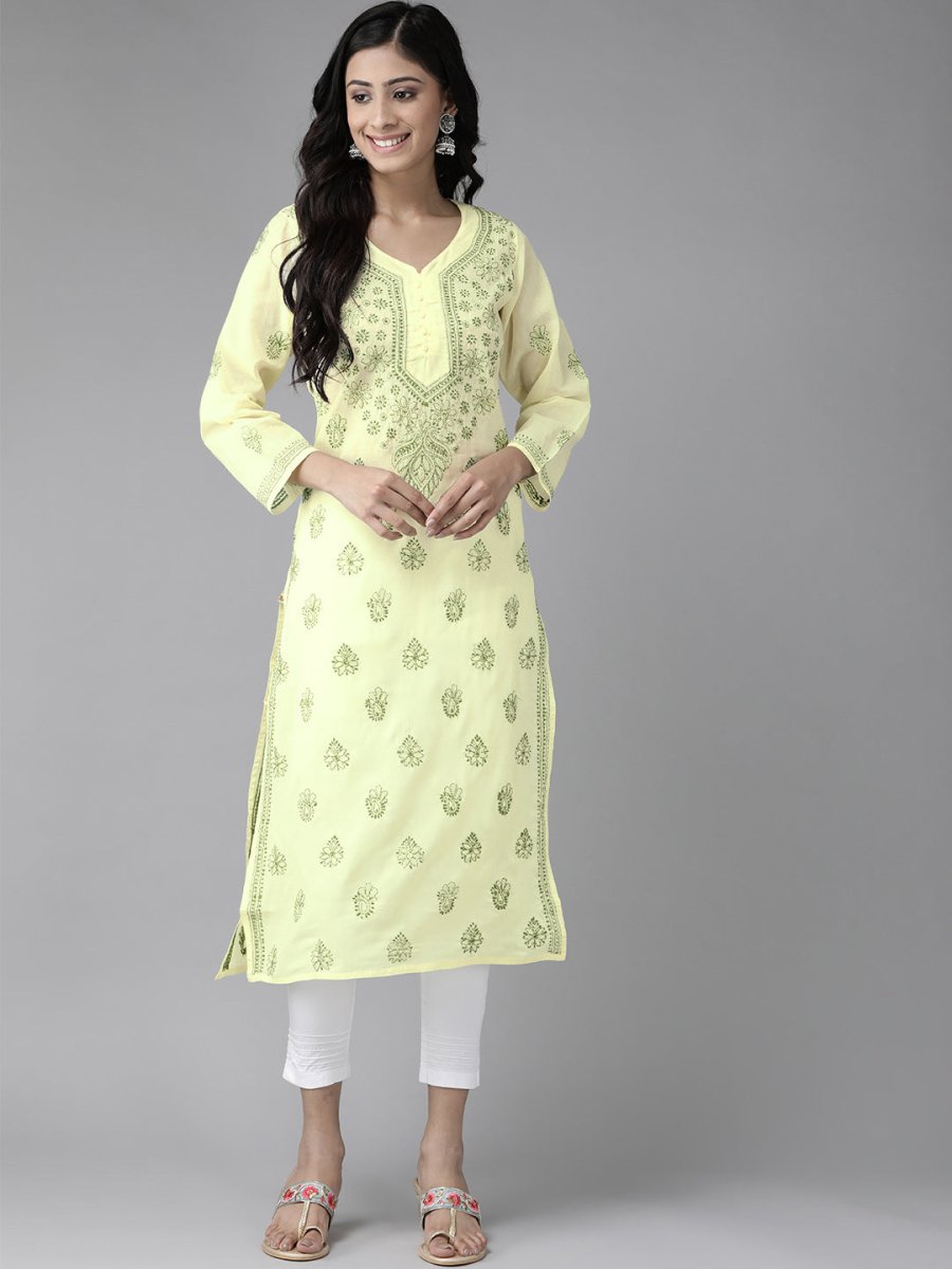 ADA Women Yellow & Green Embroidered Chikankari Handloom Kurta Handloom Kurta with Trousers | Swadesiicart