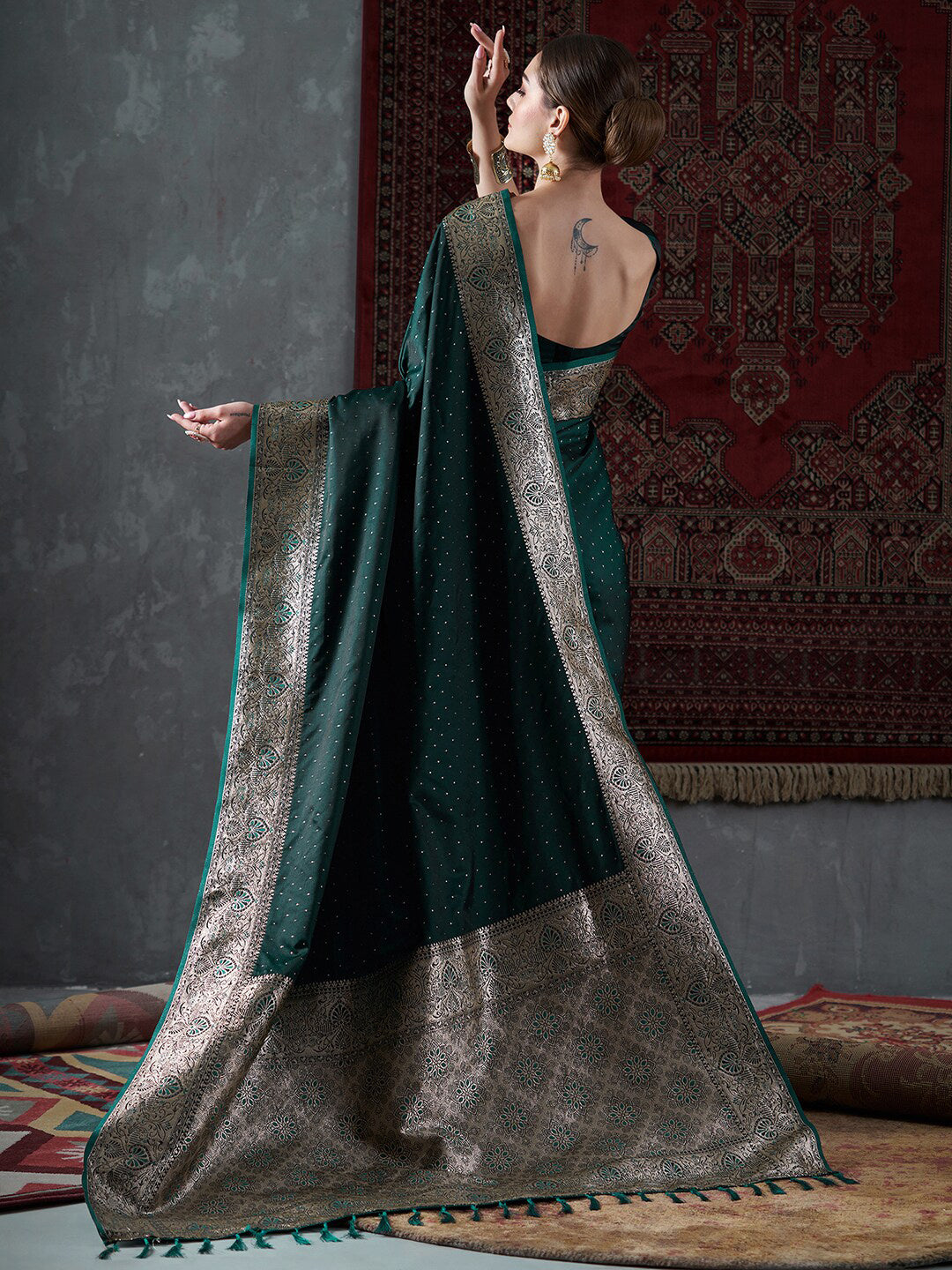 Mitera Green & Gold-Toned Ethnic Motifs Woven Design Zari Satin Banarasi Saree | Swadesiicart