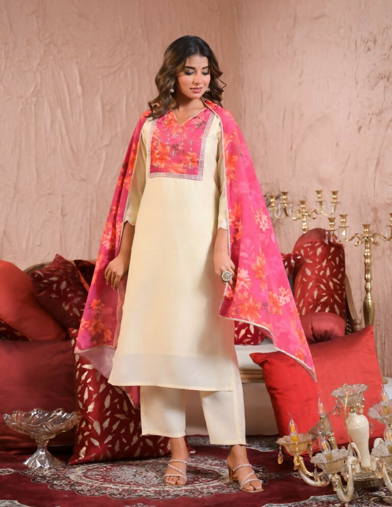 Ethnic Festive Wear Chanderi With Lining White & Pink Stitched Suit With Dupatta - Tanisha | Swadesiicart