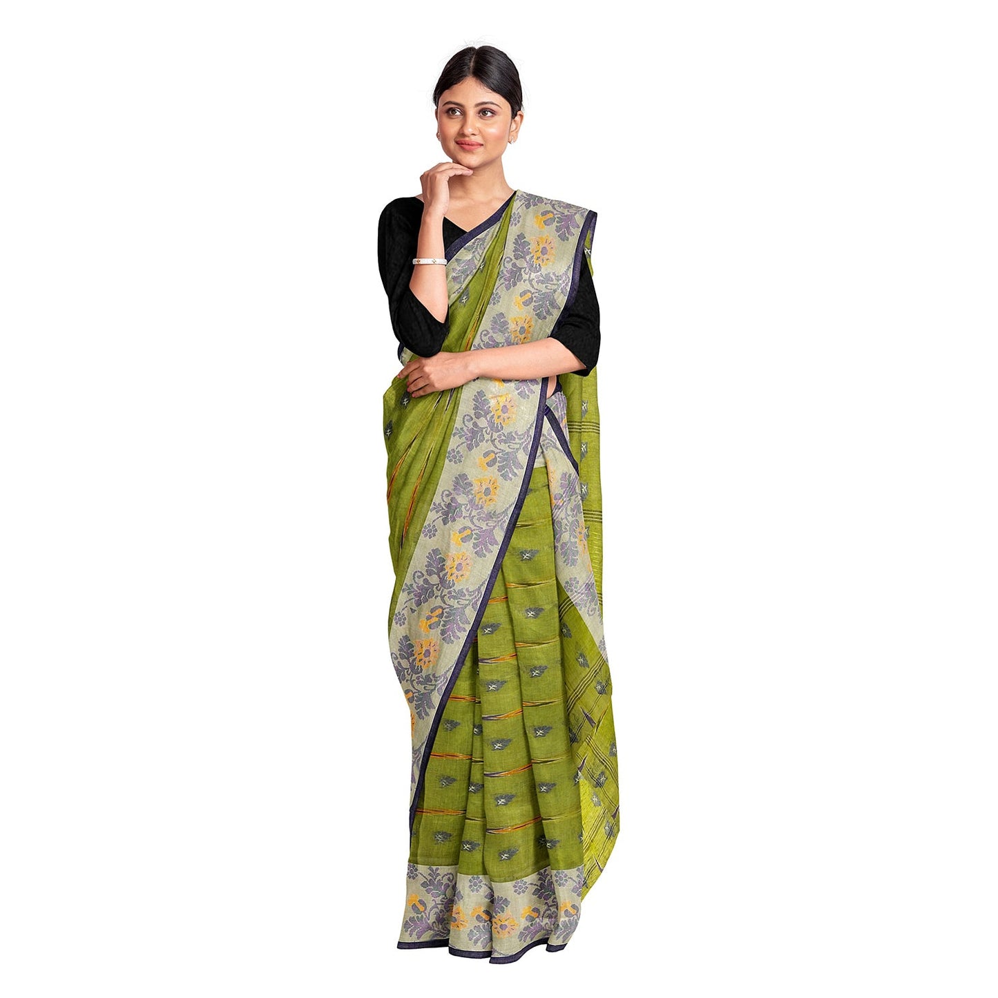 Exclusive Collection 100% Pure Cotton Olive Tant Saree With Hand Weaving Work - Swadesiicart
