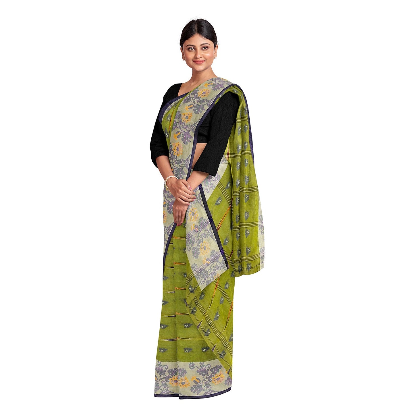 Exclusive Collection 100% Pure Cotton Olive Tant Saree With Hand Weaving Work - Swadesiicart