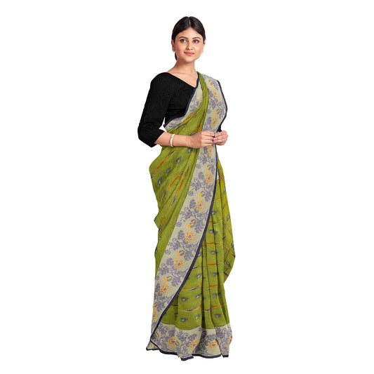 Exclusive Collection 100% Pure Cotton Olive Tant Saree With Hand Weaving Work - Swadesiicart