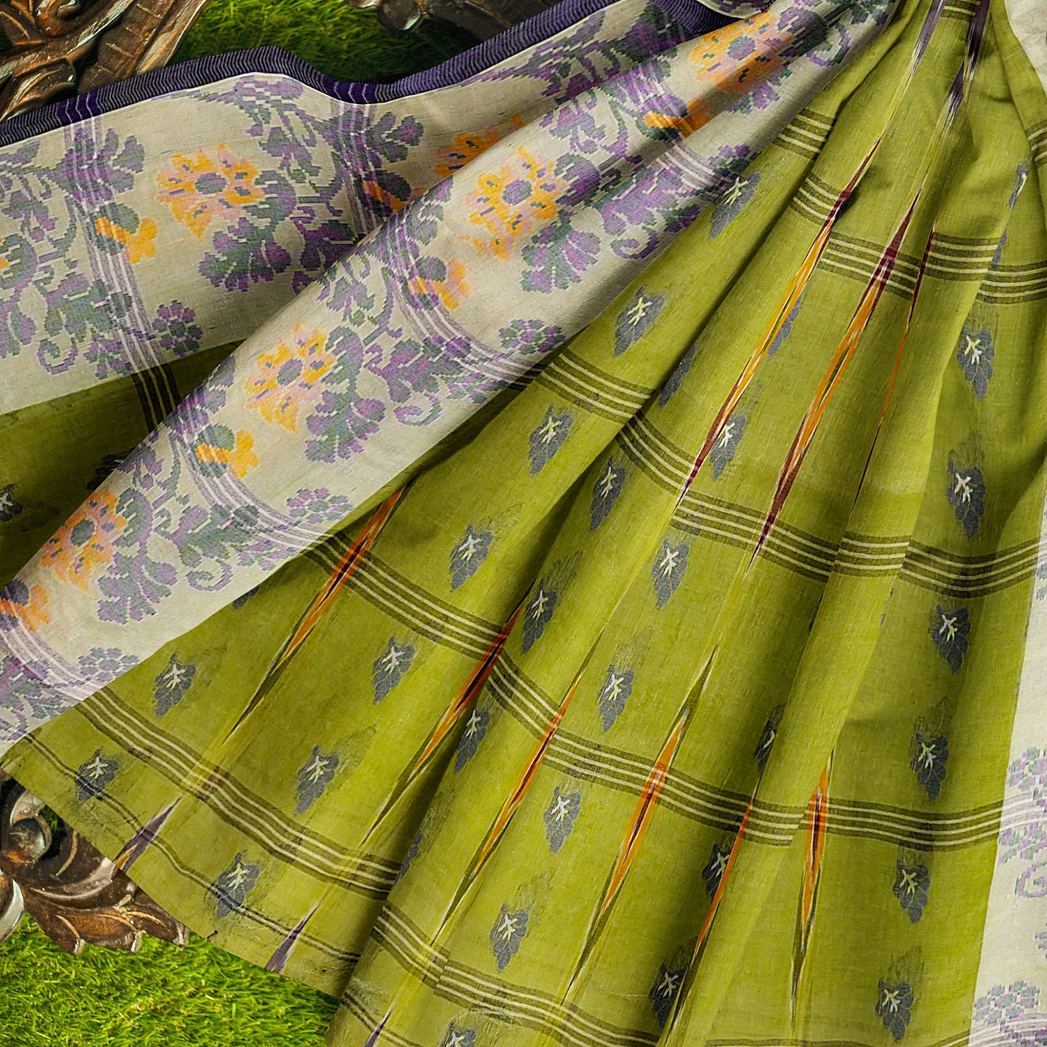 Exclusive Collection 100% Pure Cotton Olive Tant Saree With Hand Weaving Work - Swadesiicart