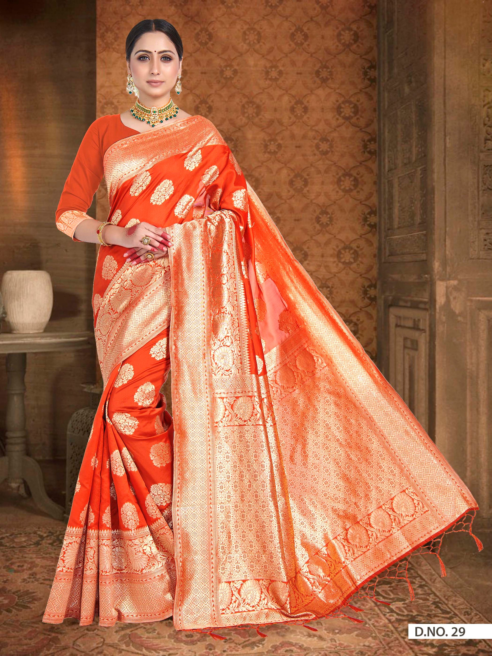 Vardha Fire Orange Woven Banarasi Saree | Swadesiicart