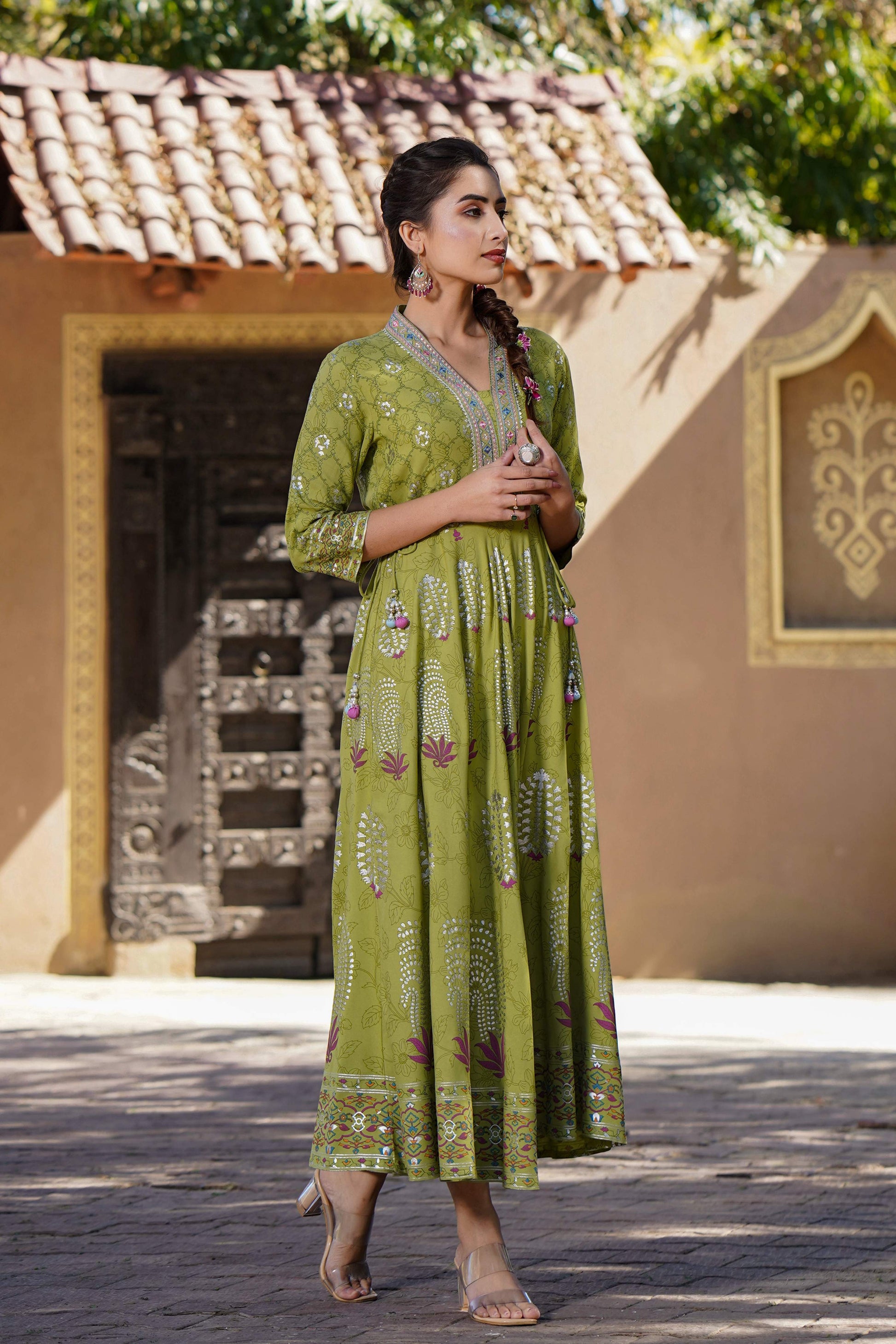 Juniper Womens Green Rayon Foil Printed Circular Maxi Dress With Mirror Embroidery | Swadesiicart