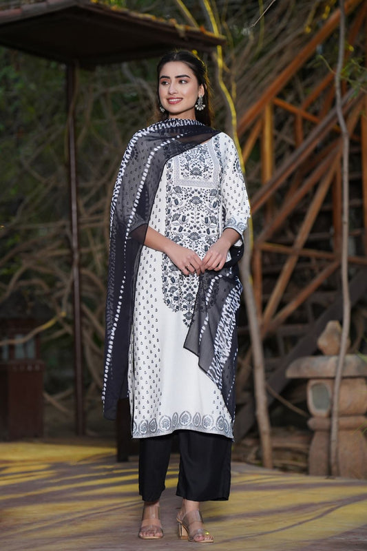 Juniper Womens White Rayon Floral Glitter Placement Printed Straight Kurta With Solid Bottom And Printed Dupatta Set | Swadesiicart