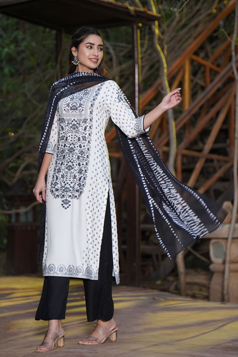 Juniper Womens White Rayon Floral Glitter Placement Printed Straight Kurta With Solid Bottom And Printed Dupatta Set | Swadesiicart