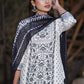 Juniper Womens White Rayon Floral Glitter Placement Printed Straight Kurta With Solid Bottom And Printed Dupatta Set | Swadesiicart