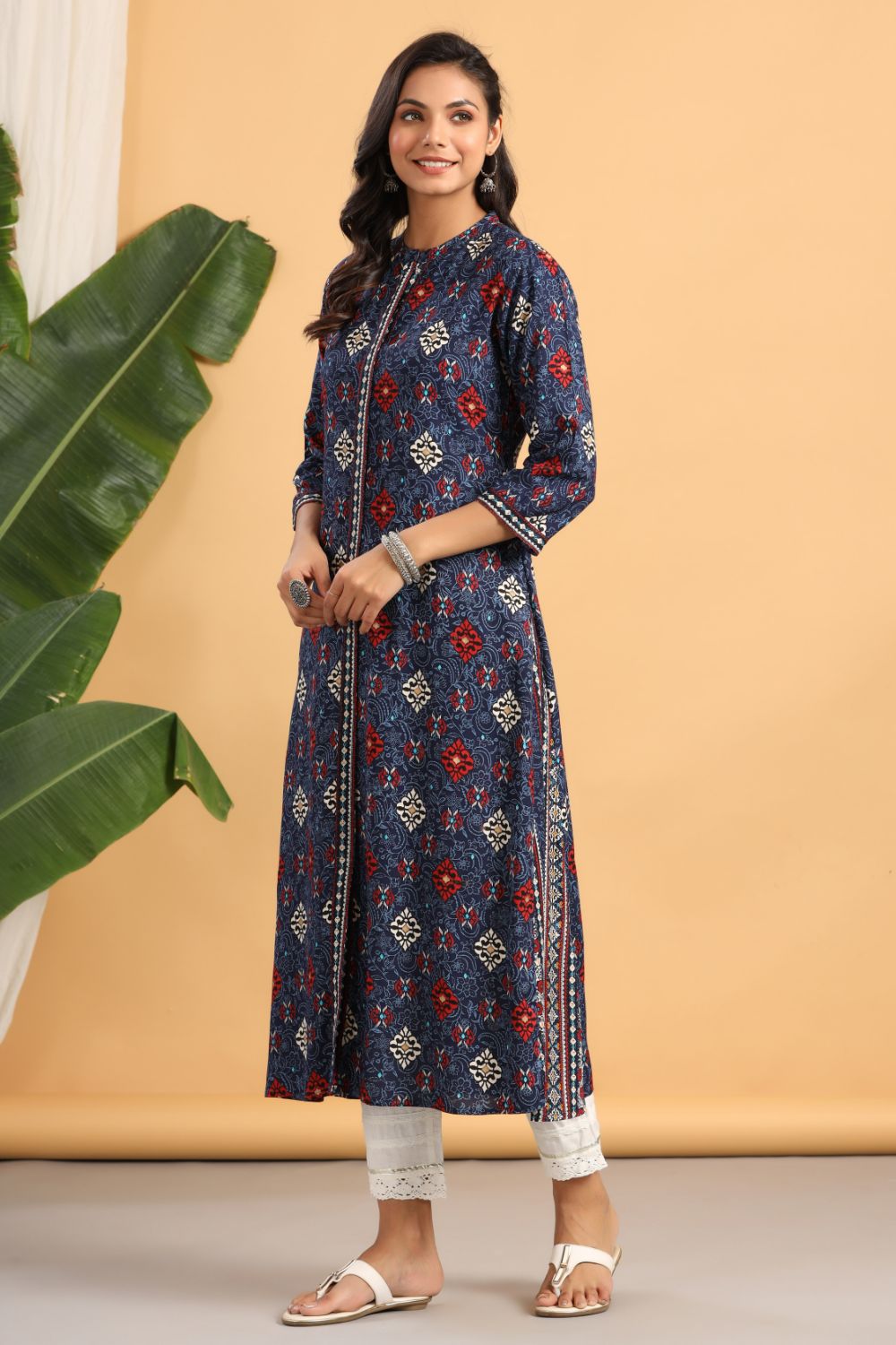 Juniper Womens Indigo Rayon Printed A-Line Kurta - Swadesiicart
