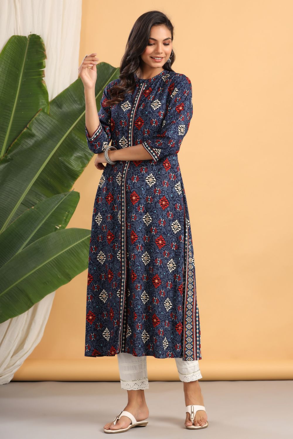 Juniper Womens Indigo Rayon Printed A-Line Kurta - Swadesiicart