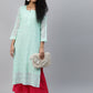 ADA Women Sea Green Chikankari Hand Embroidered Straight Kota Handloom Kurta With Matching Slip | Swadesiicart