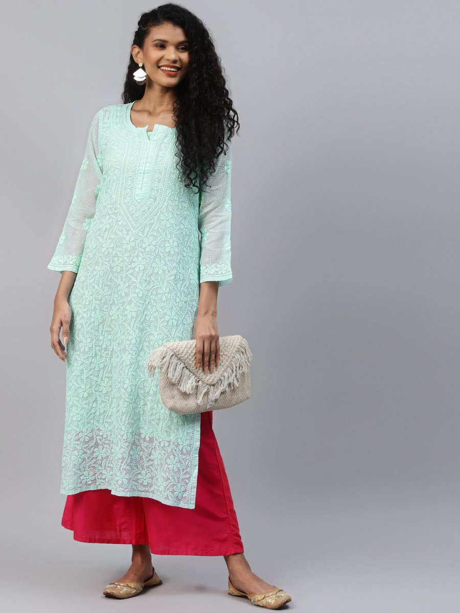 ADA Women Sea Green Chikankari Hand Embroidered Straight Kota Handloom Kurta With Matching Slip | Swadesiicart