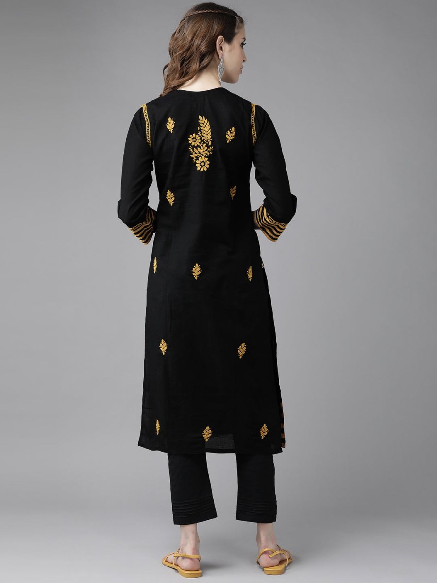 ADA Women Black & Mustard Yellow Pure Cotton Chikankari Embroidered Handloom Kurta with Trousers | Swadesiicart