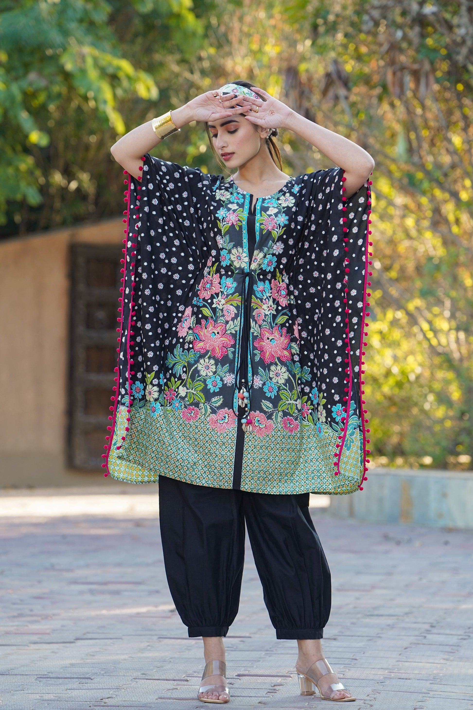 Juniper Womens Black Rayon Multi Color Floral Printed Kaftan | Swadesiicart
