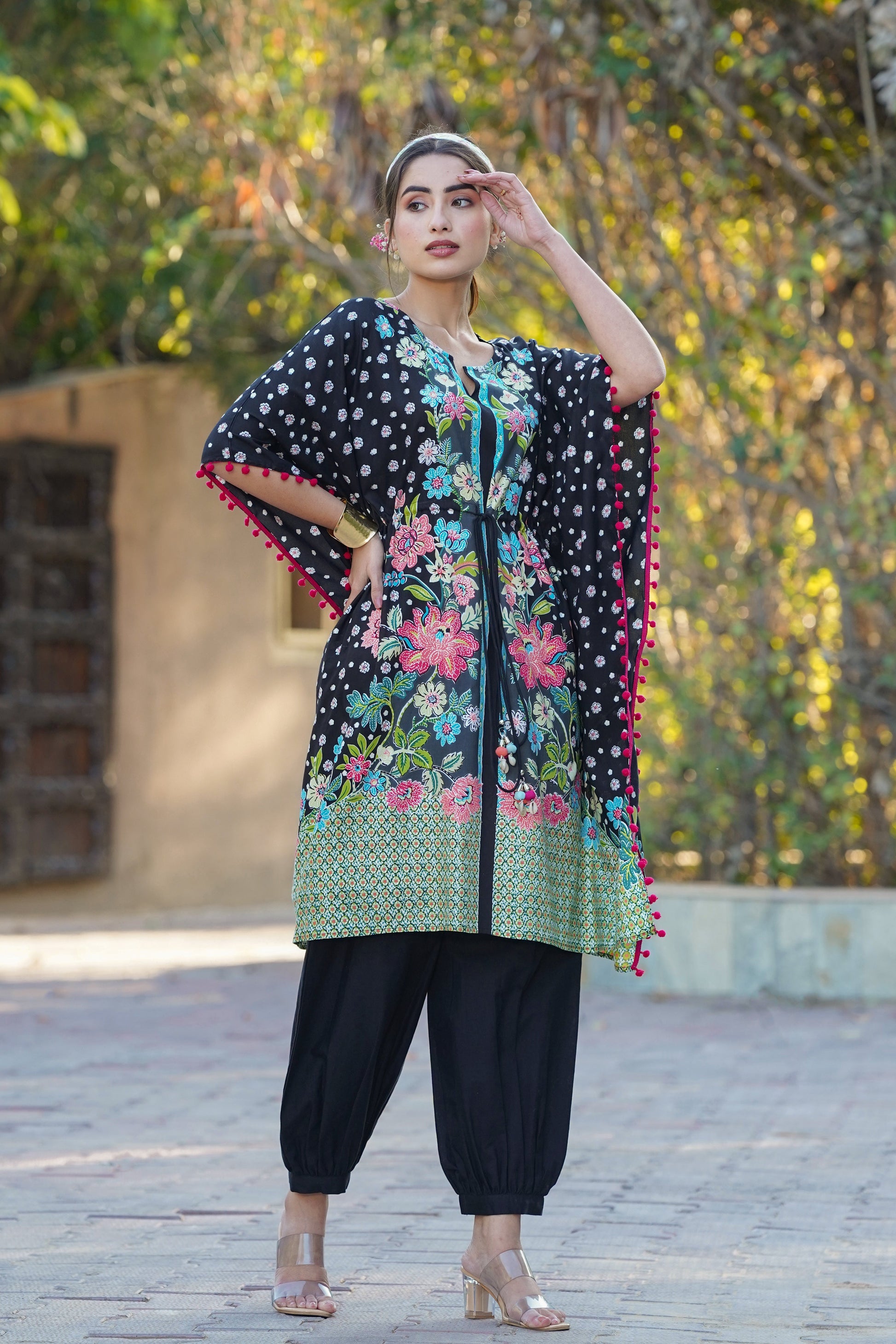 Juniper Womens Black Rayon Multi Color Floral Printed Kaftan | Swadesiicart