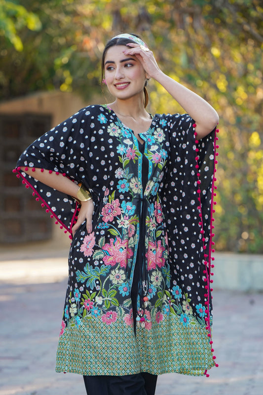 Juniper Womens Black Rayon Multi Color Floral Printed Kaftan | Swadesiicart