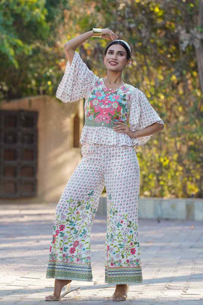 Juniper Women's White Floral Printed Rayon Peplum Co-Ord Set With Buttons - Swadesiicart